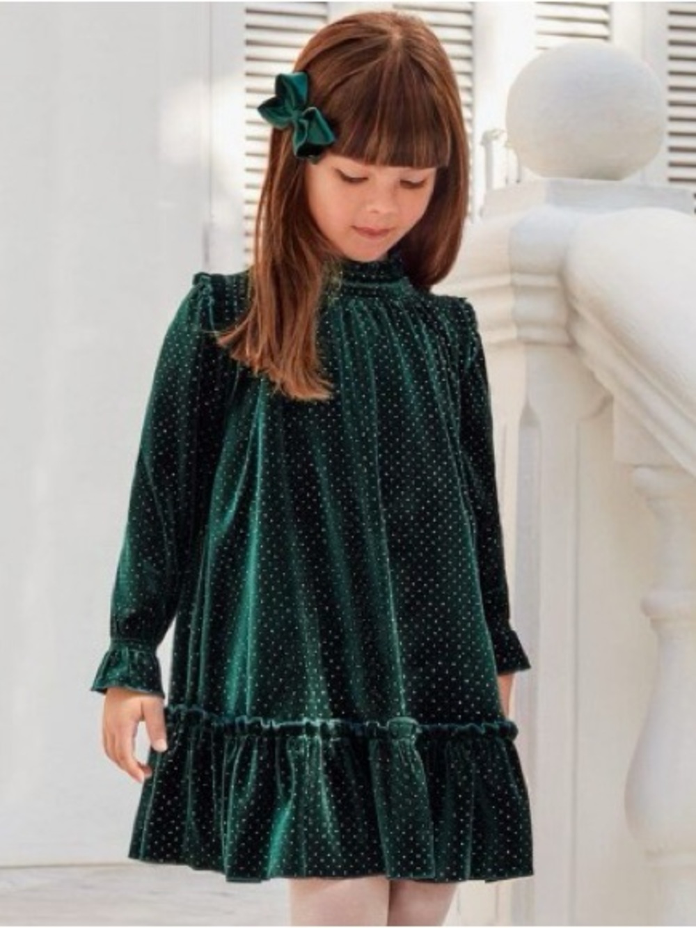 Abel & Lula Dark Green Velvet Girls 7 Ruffled Glitter Dot Long Sleeve Dress